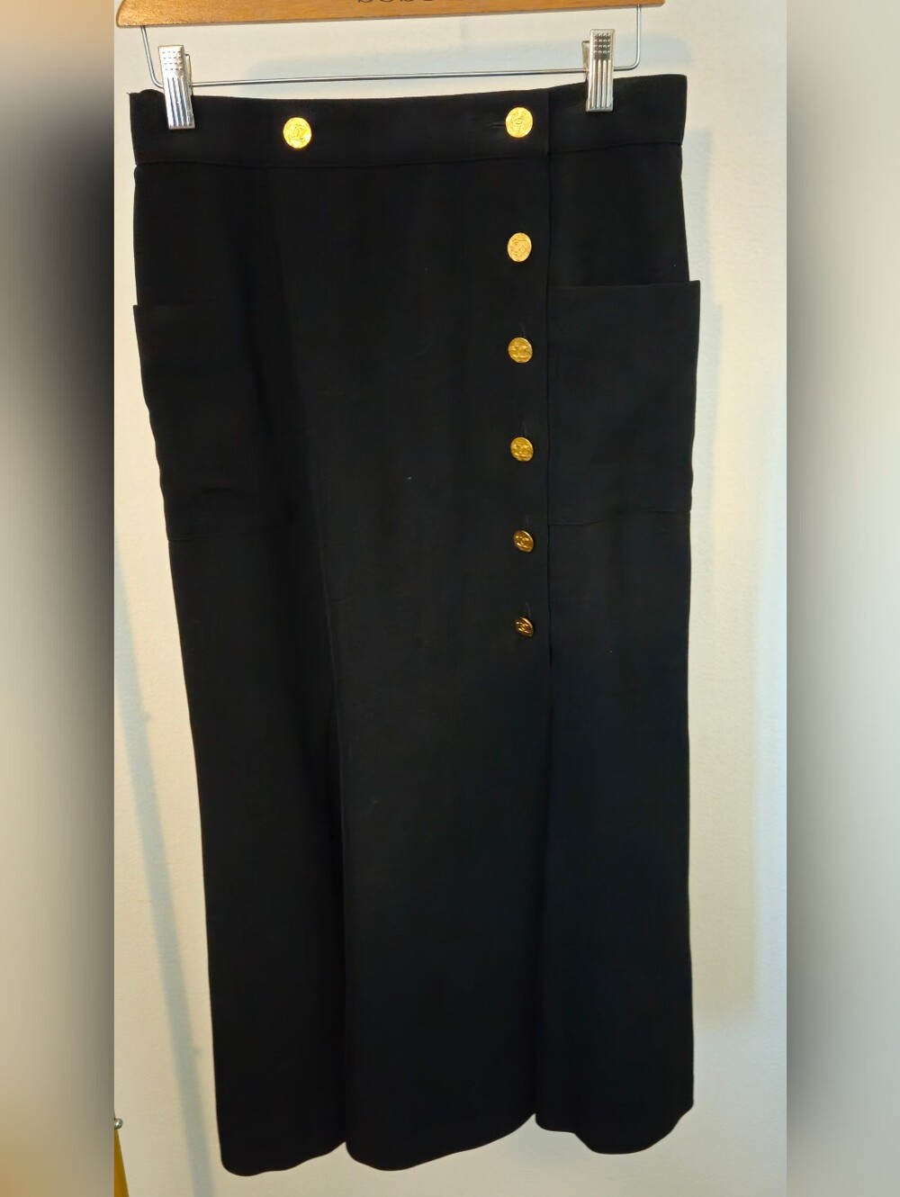 Vintage Chanel Boutique 100% Silk Black Skirt with Gold Button Detail